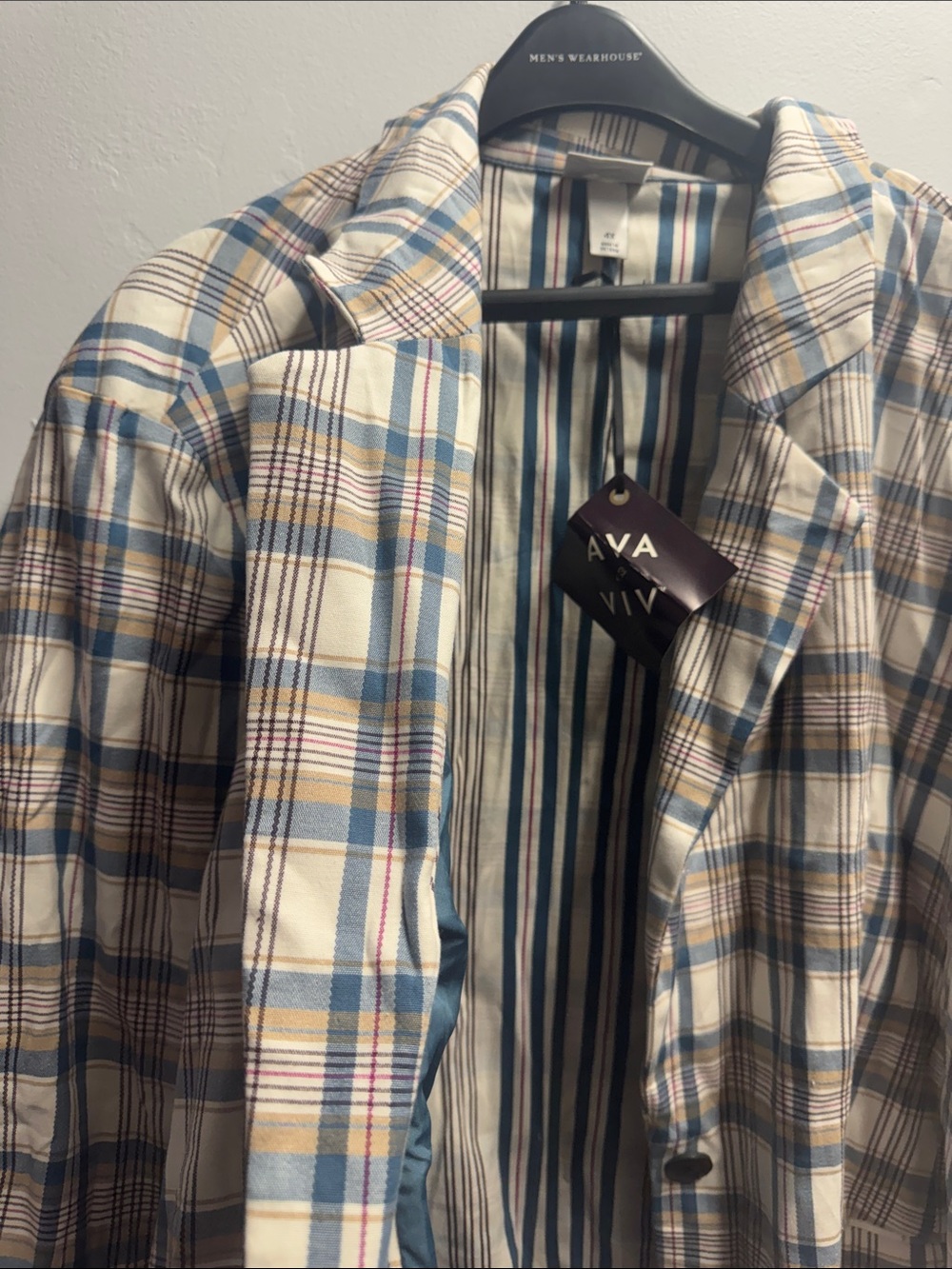 Plus Size Plaid Pants and jacket set - Cream & Blue - Picture 3 of 8